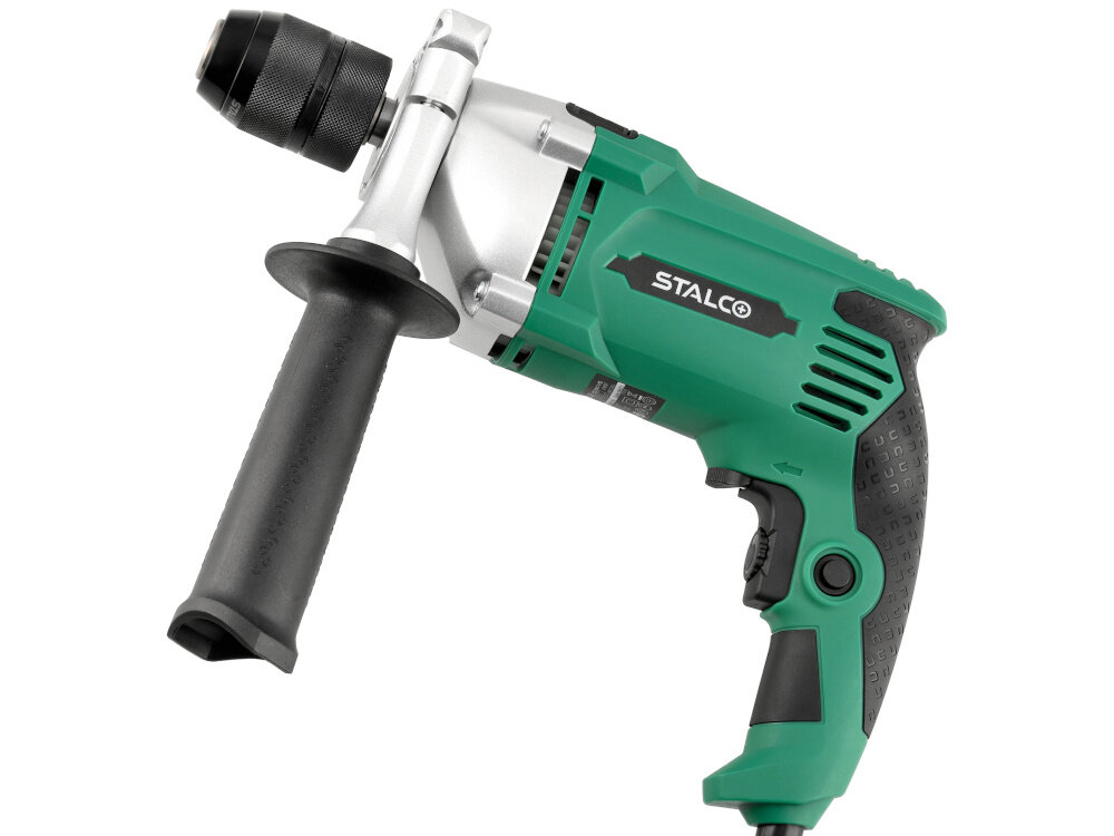 Wiertarka udarowa STALCO IDS16KVS wiertarka na białym tle widoczna z boku pod skosem precyzyjna praca wszechstronne zastosowanie dokładność
