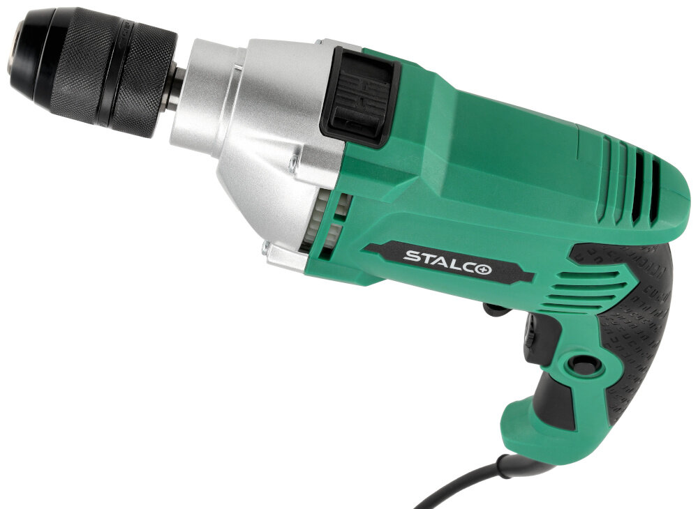 Wiertarka udarowa STALCO IDS16KVS Wiertarka STALCO IDS16KVS wiertarka na białym tle widoczna z góry miękki uchwyt ergonomiczna konstrukcja stabilność prowadzenia niska waga około 2,3 kg blokada włącznika stała prędkość pracy