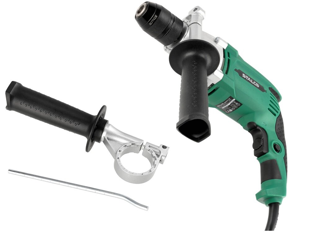Wiertarka udarowa STALCO IDS16KVS zestaw na białym tle w zestawie wiertarka ogranicznik głębokości wiercenia uchwyt dodatkowy dokumentacja