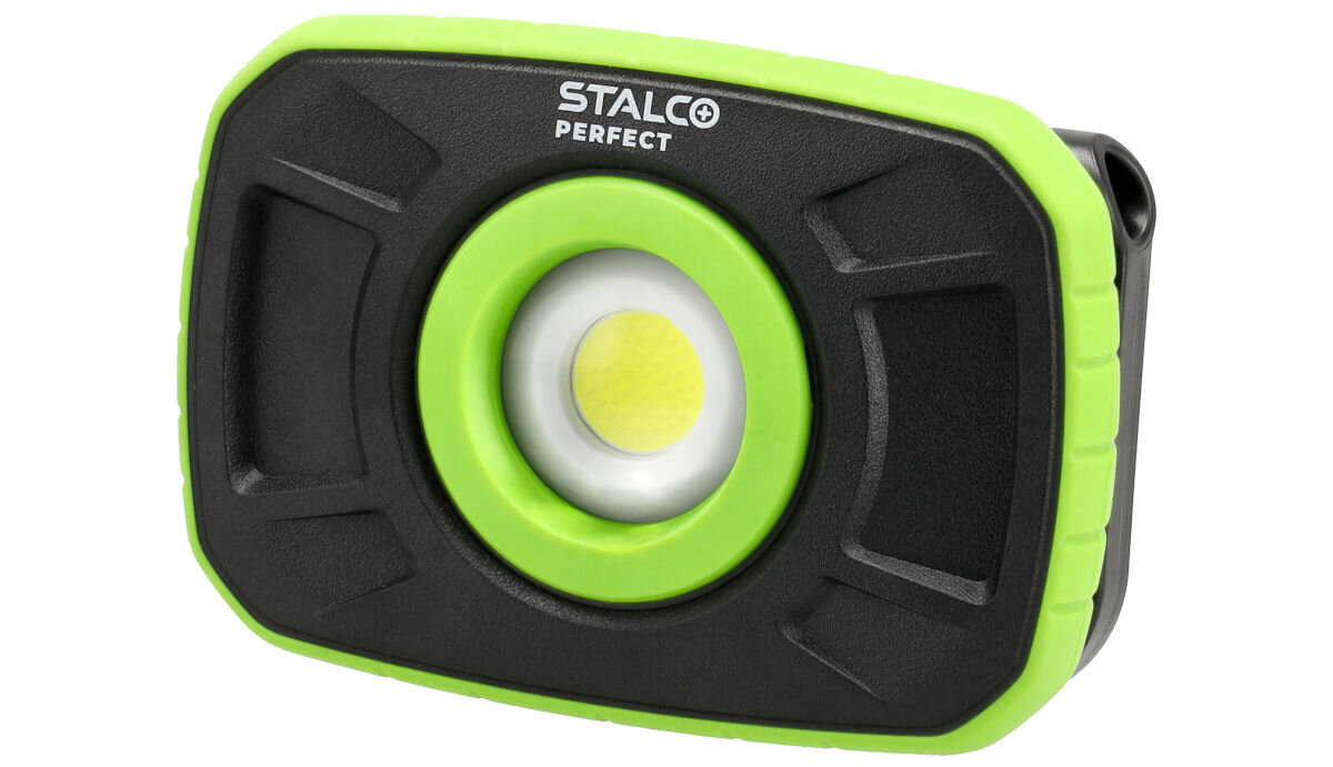 Reflektor STALCO PERFECT S-98809, technologia LED, strumień, czytelne, Bezpieczeństwo, na białym tle reflektor frontem prawo skos