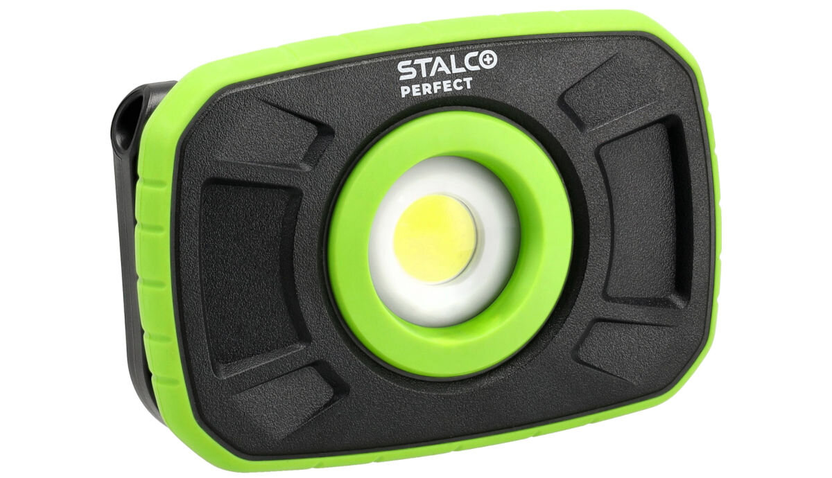 Reflektor STALCO PERFECT S-98809, Ergonomiczna, konstrukcja, uniwersalne, zastosowanie, na białym tle reflektor frontem lewo skos