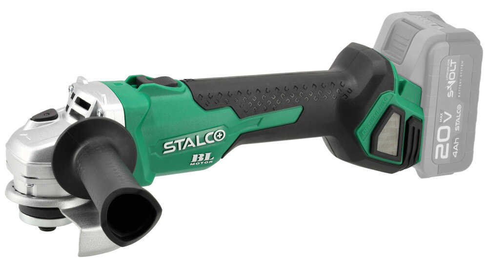 Szlifierka kątowa STALCO S-Volt AGS20-125BL S-97303 szlifierka na białym tle widoczna z boku skuteczne cięcie i szlifowanie metalu, ceramiki czy betonu do użytku w warsztacie domowym i na budowie zasilanie akumulatorowe swoboda pracy lekka konstrukcja łatwa obsługa