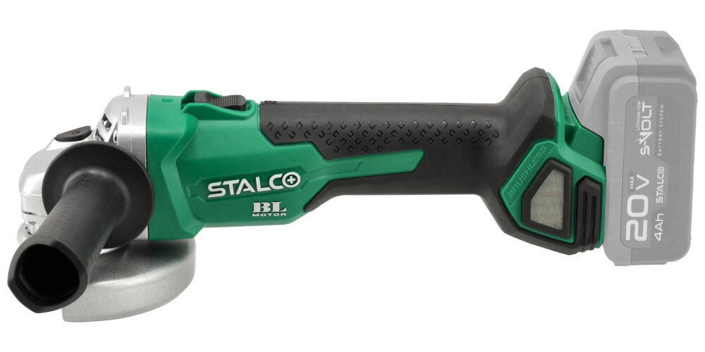 Szlifierka kątowa STALCO S-Volt AGS20-125BL S-97303 akumulator na białym tle zasilanie akumulatorowe akumulator 20 V technologia Li-Ion pracuje stabilnie i długo