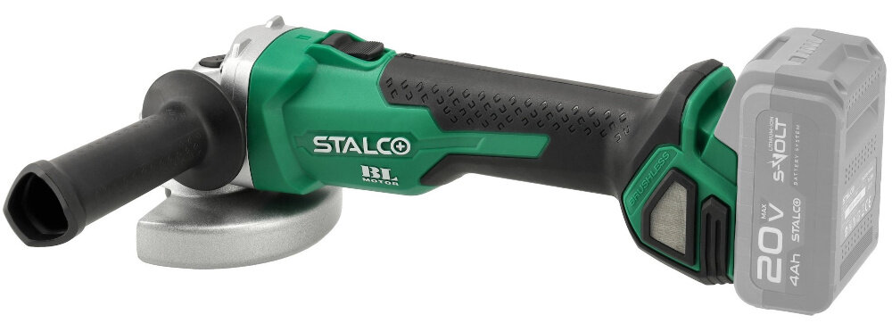 Szlifierka kątowa STALCO S-Volt AGS20-125BL S-97303 szlifierka na białym tle widoczna od tyłu pod skosem bezpieczeństwo stabilna praca zabezpieczenie przed przypadkowym uruchomieniem uchwyt z miękkim wykończeniem funkcje łagodnego startu i systemu anty-restart bezpieczeństwo użytkowania