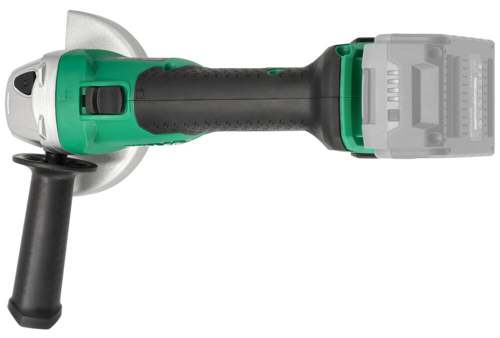 Szlifierka kątowa STALCO S-Volt AGS20-125BL S-97303 waga około 1,9 kg dobrze leży w dłoni dodatkowy uchwyt montowany w dwóch pozycjach praca w trudno dostępnych miejscach