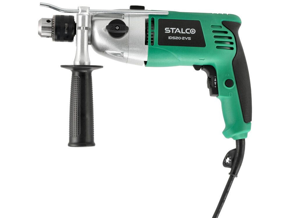 Wiertarka udarowa STALCO IDS20-2VS S-97219 wiertarka na białym tle widoczna z boku miękki uchwyt ergonomiczna konstrukcja stabilność prowadzenia niska waga około 2,9 kg blokada włącznika stała prędkość pracy