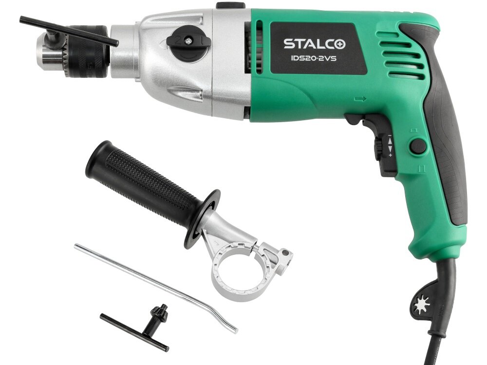 Wiertarka udarowa STALCO IDS20-2VS S-97219 zestaw na białym tle w zestawie wiertarka ogranicznik głębokości wiercenia uchwyt dodatkowy klucz do uchwytu wiertarskiego dokumentacja