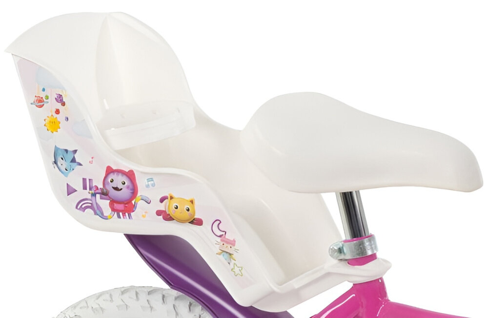 Rower dziecięcy HUFFY Koci Domek Gabi 14 cali dla dziewczynki Różowy zbliżenie na siodełko i bidon zdjęcie na białym tle bezpieczna i satysfakcjonująca aktywność wygodne siodełko pełen komfort podczas długiej jazdy krzesełko dla lalki bezpiecznie komfortowo