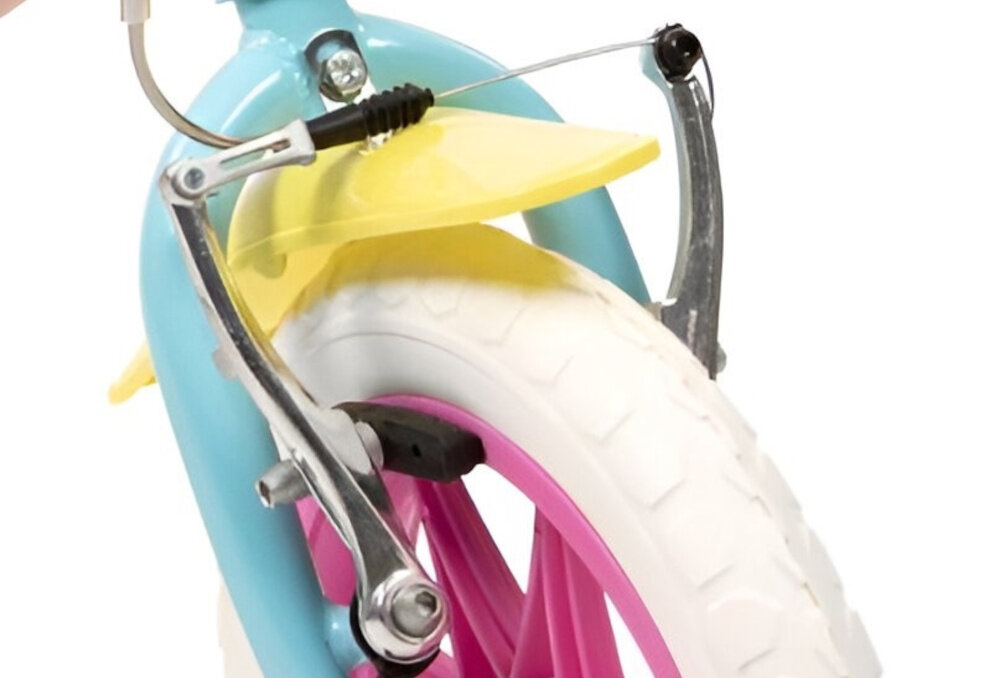 Rower dziecięcy TOIMSA Barbie 12 cali dla dziewczynki Różowy zbliżenie na przedni hamulec podstawa bezpieczeństwa hamulce V-Brake typu Caliper skuteczne i precyzyjne hamowanie w każdej sytuacji hamulec działa płynnie i szybko reaguje komfort bezpieczeństwo duża pewność
