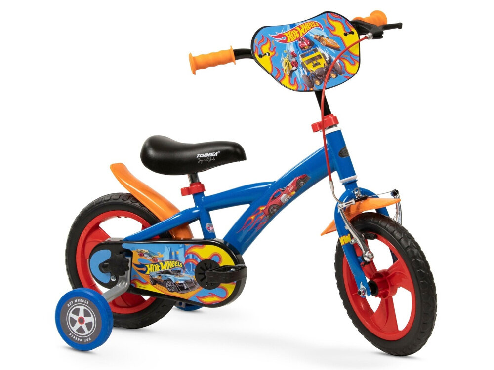 Rower dziecięcy TOIMSA Hot Wheels 12 cali dla chłopca Niebiesko-czerwony rower na białym tle widoczny z boku zdjęcie na różowym tle dla dzieci w wieku od 3 do 5 lat trwałość wytrzymałość mocna konstrukcja kolorowa grafika postacie z bajki Hot Wheels