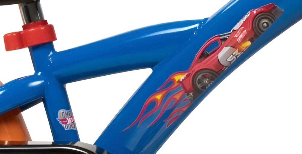 Rower dziecięcy TOIMSA Hot Wheels 12 cali dla chłopca Niebiesko-czerwony rower na białym tle zbliżenie na ramę odpowiednio wyselekcjonowane materiały stalowa 8-calowa rama dostosowana do najmłodszych geometria ponadprzeciętna odporność na uszkodzenia mechaniczne i działanie czynników zewnętrznych wybór rozmiaru ramy Twój wzrost mierzony w zrelaksowanej pozycji typ dla dzieci o wzroście od 98 do 112 cm