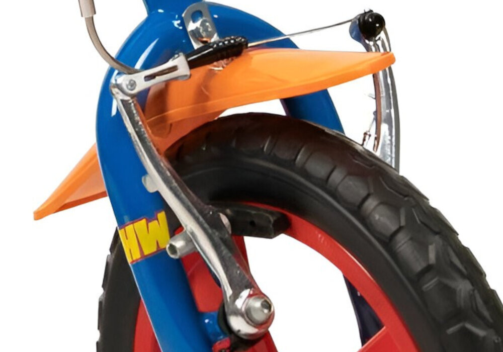 Rower dziecięcy TOIMSA Hot Wheels 12 cali dla chłopca Niebiesko-czerwony zbliżenie na przedni hamulec zdjęcie na białym tle podstawa bezpieczeństwa przedni hamulec V-Brake lekki duża siła hamowania
