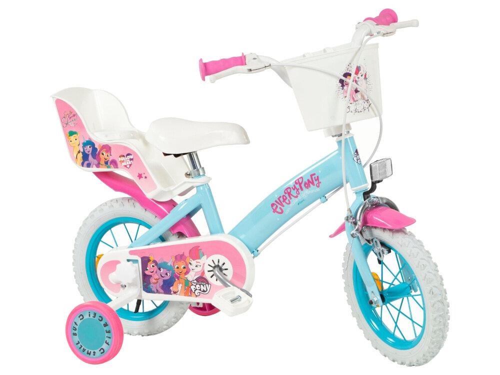 Rower dziecięcy TOIMSA My Little Pony 12 cali dla dziewczynki Błękitny  rower na białym tle widoczny z boku zdjęcie na różowym tle dla dzieci w wieku od 3 do 5 lat trwałość wytrzymałość mocna konstrukcja kolorowa grafika postacie z bajki My Little Pony