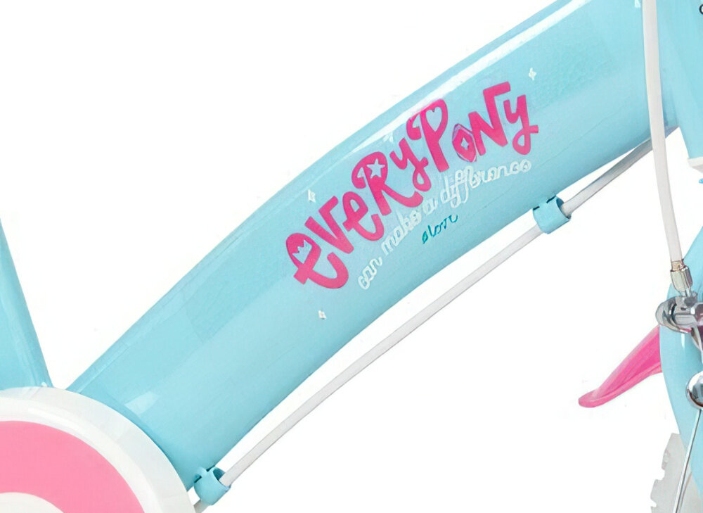 Rower dziecięcy TOIMSA My Little Pony 12 cali dla dziewczynki Błękitny rower na białym tle zbliżenie na ramę odpowiednio wyselekcjonowane materiały stalowa 8-calowa rama dostosowana do najmłodszych geometria ponadprzeciętna odporność na uszkodzenia mechaniczne i działanie czynników zewnętrznych wybór rozmiaru ramy Twój wzrost mierzony w zrelaksowanej pozycji typ dla dzieci o wzroście od 98 do 112 cm