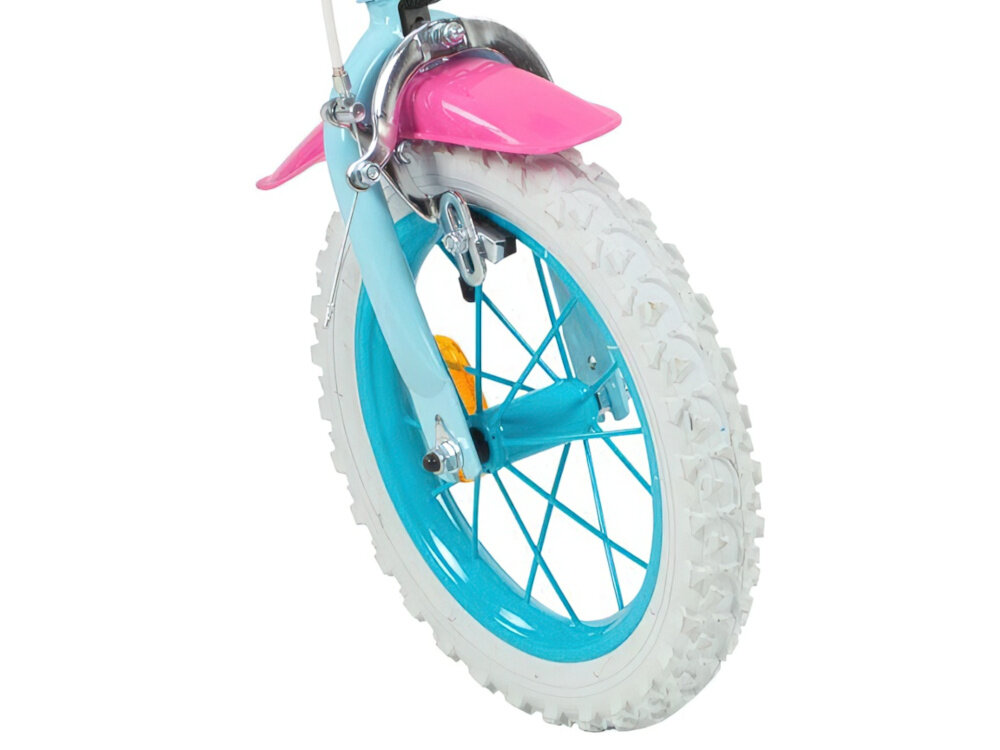 Rower dziecięcy TOIMSA My Little Pony 12 cali dla dziewczynki Błękitny zbliżenie na przednie koło zdjęcie na białym tle koła z pianki EVA  w rozmiarze 12 cali mocne obręcze z wysokiej jakości tworzywa sztucznego dobra przyczepność aluminiowe obręcze zachowanie regularnego kształtu kół stabilne trzymanie opony bezpieczna jazda błotniki elegancki osłaniają odzież wygląd regularne sprawdzanie ciśnienia powietrza wartość na bocznej części opony