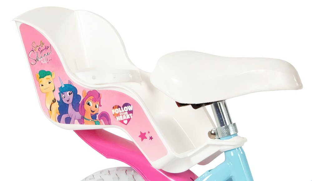 Rower dziecięcy TOIMSA My Little Pony 12 cali dla dziewczynki Błękitny zbliżenie na siodełko i krzesełko dla lalki zdjęcie na białym tle bezpieczna i satysfakcjonująca aktywność wygodne siodełko pełen komfort podczas długiej jazdy krzesełko dla lalki bezpiecznie komfortowo
