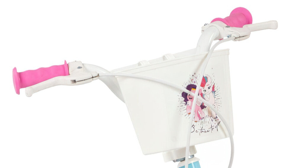 Rower dziecięcy TOIMSA My Little Pony 12 cali dla dziewczynki Błękitny zbliżenie na koszyk na kierownicy w błękitnej kolorystyce przedni koszyk na drobiazgi z wizerunkiem ukochanych koników My Little Pony zbieranie skarbów