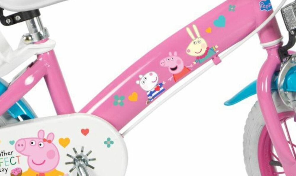Rower dziecięcy TOIMSA Świnka Peppa 12 cali dla dziewczynki Różowy rama stalowa 8-calowa dostosowana do najmlodszych geometria roweru dla dzieci o wzroscie od 98 do 112 cm