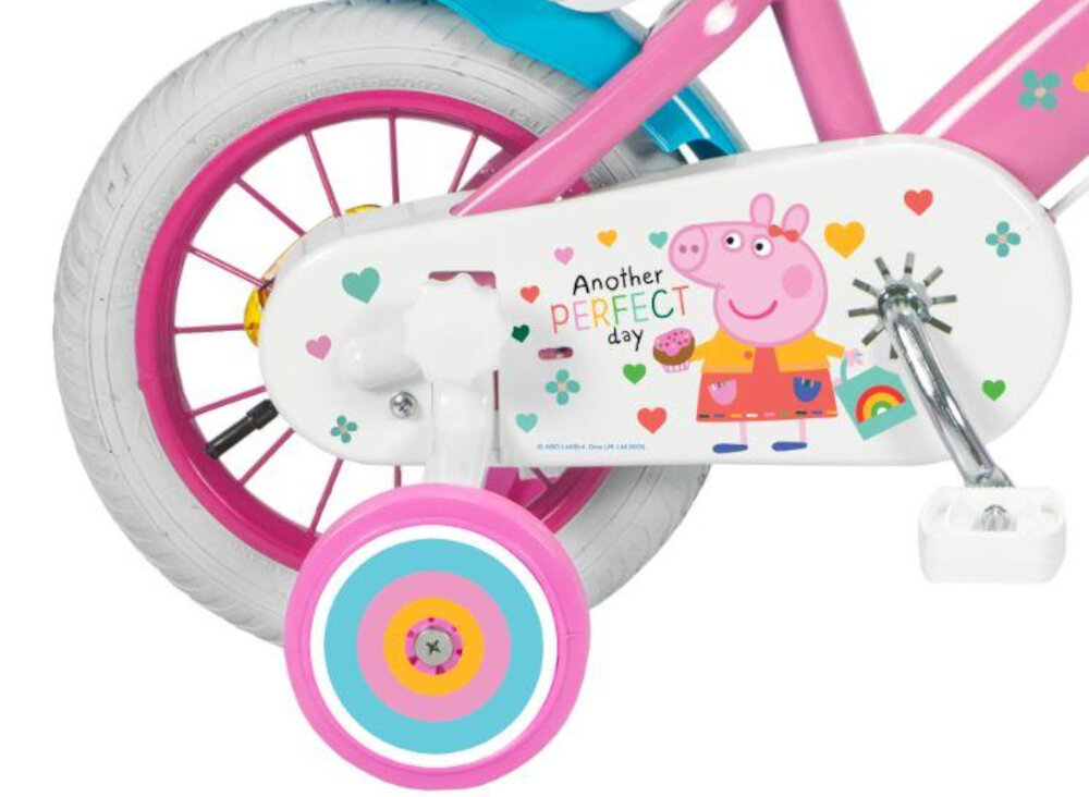 Rower dziecięcy TOIMSA Świnka Peppa 12 cali dla dziewczynki Różowy 12-calowe kola dla dzieci w wieku od 3 do 5 lat lancuch stylowa oslona z wizerunkiem Swinki Peppy regularne sprawdzanie ciśnienia powietrza zalecana wartość na bocznej części opony