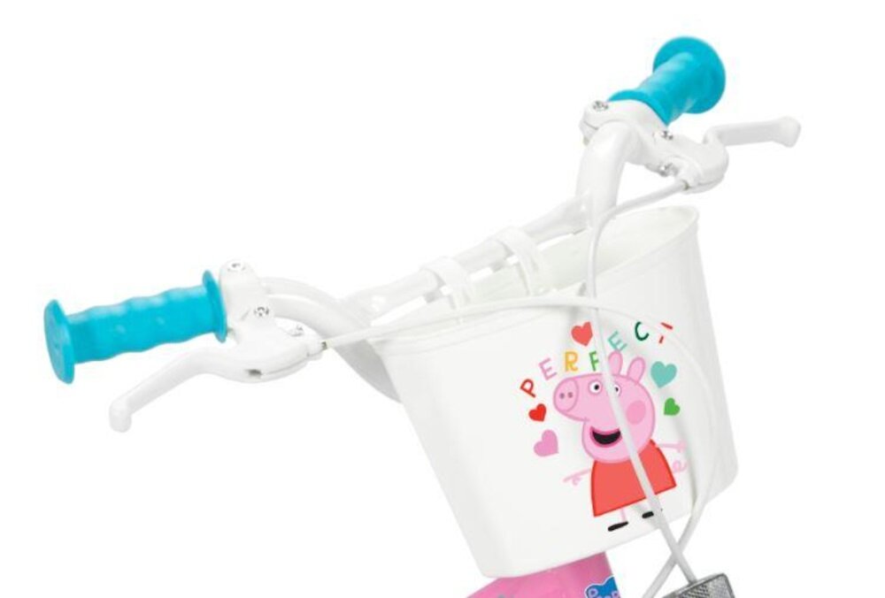 Rower dziecięcy TOIMSA Świnka Peppa 12 cali dla dziewczynki Różowy uchwyty kierownicy pokryte antypoślizgowym materiałem przedni koszyk na drobiazgi na kierownicy z wizerunkiem Świnki Peppy