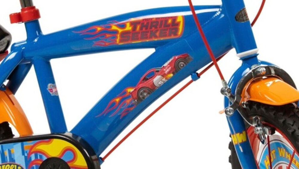 Rower dziecięcy TOIMSA Hot Wheels 16 cali dla chłopca Niebiesko-czerwony rower na białym tle zbliżenie na ramę odpowiednio wyselekcjonowane materiały stalowa rama dostosowana do najmłodszych geometria ponadprzeciętna odporność na uszkodzenia mechaniczne i działanie czynników zewnętrznych wybór rozmiaru ramy Twój wzrost mierzony w zrelaksowanej pozycji typ dla dzieci o wzroście od 112 do 127 cm