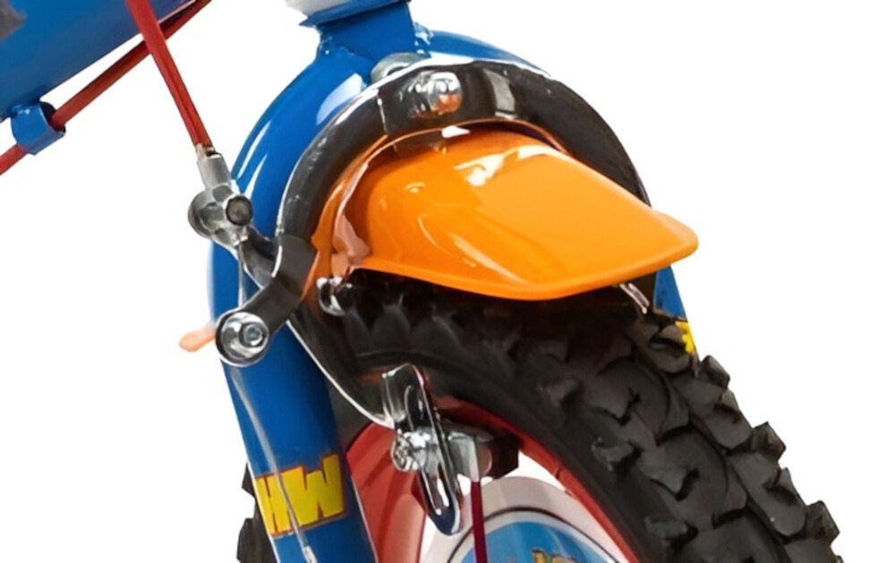 Rower dziecięcy TOIMSA Hot Wheels 16 cali dla chłopca Niebiesko-czerwony zbliżenie na przedni hamulec zdjęcie na białym tle podstawa bezpieczeństwa hamulce V-Brake lekkie duża siła hamowania hamulce z przodu i z tyłu podwójny pakiet bezpieczeństwa