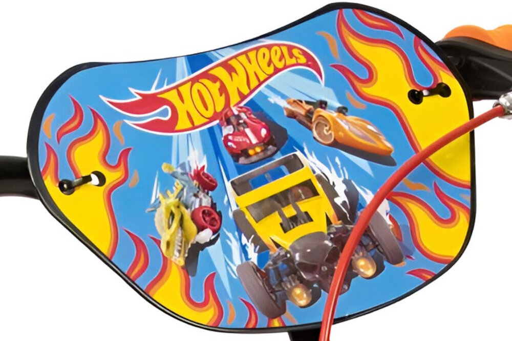 Rower dziecięcy TOIMSA Hot Wheels 16 cali dla chłopca Niebiesko-czerwony zbliżenie na plakietkę na kierownicy niebiesko-czerwonej kolorystyce samochody auta Hot Wheels kolorową plakietkę umieszczoną na kierownicy z kilkoma autami Hot Wheels