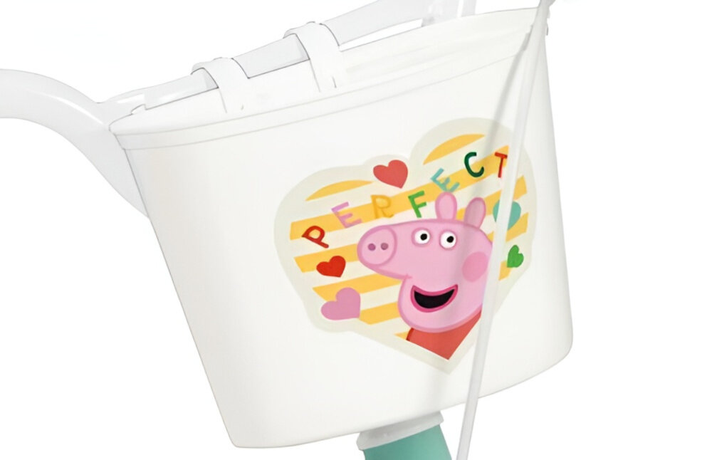 Rower dziecięcy TOIMSA Świnka Peppa 12 cali dla dziewczynki Zielony zbliżenie na koszyk w zielonej kolorystyce ze Świnką Peppą i jej przyjaciółmi przedni koszyk na drobiazgi z wizerunkiem Świnki Peppy zbieranie skarbów zabranie na wycieczkę przekąsek i wody