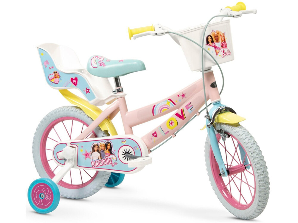 Rower dziecięcy TOIMSA Barbie 14 cali dla dziewczynki Różowy rower na białym tle widoczny z boku dla dzieci w wieku od 4 do 6 lat trwałość wytrzymałość mocna konstrukcja kolorowa grafika z wizerunkami Barbie