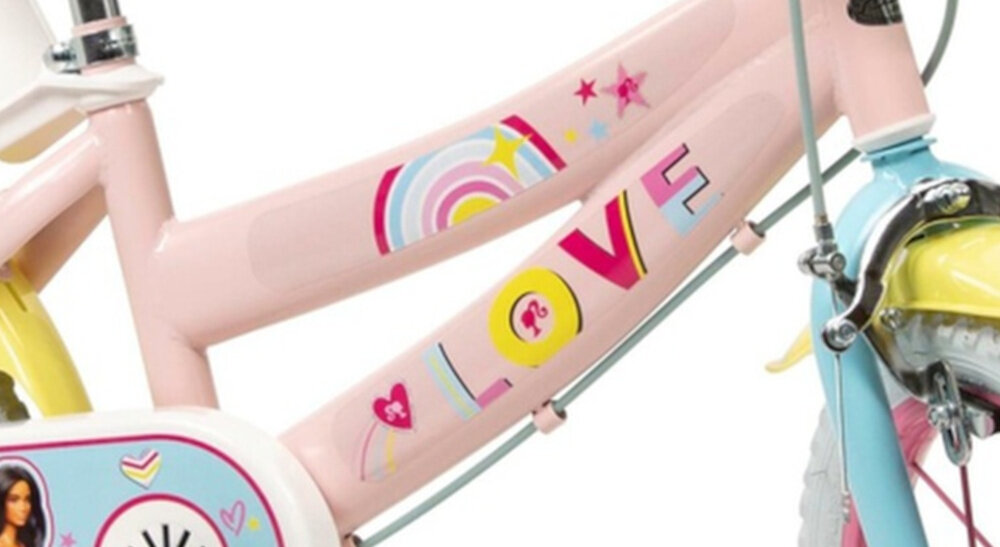 Rower dziecięcy TOIMSA Barbie 14 cali dla dziewczynki Różowy rower na białym tle zbliżenie na ramę odpowiednio wyselekcjonowane materiały stalowa 8-calowa rama dostosowana do najmłodszych geometria ponadprzeciętna odporność na uszkodzenia mechaniczne i działanie czynników zewnętrznych wybór rozmiaru ramy Twój wzrost mierzony w zrelaksowanej pozycji typ dla dzieci o wzroście od 101 do 112 cm