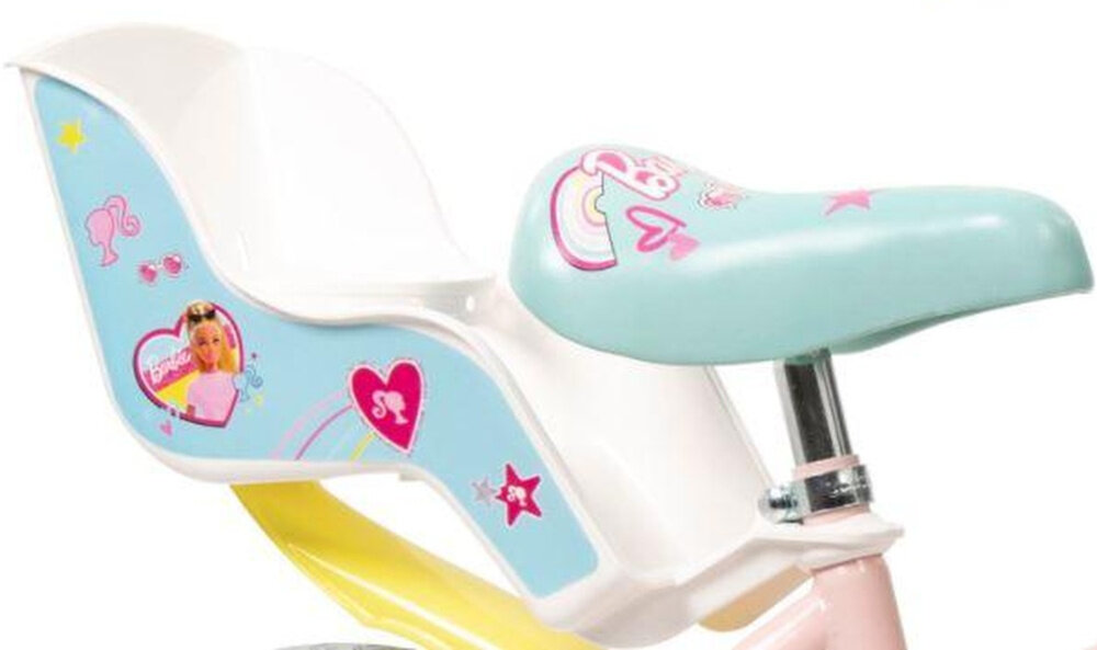 Rower dziecięcy TOIMSA Barbie 14 cali dla dziewczynki Różowy zbliżenie na siodełko i fotelik dla lalki zdjęcie na białym tle bezpieczna i satysfakcjonująca aktywność wygodne siodełko pełen komfort podczas długiej jazdy fotelik dla lalki bezpiecznie komfortowo