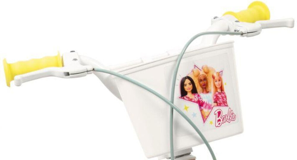 Rower dziecięcy TOIMSA Barbie 14 cali dla dziewczynki Różowy zbliżenie na koszyk w jasnoróżowej kolorystyce kolorowy napis LOVE solidny pojazd przedni koszyk na drobiazgi z wizerunkami trzech lalek Barbie zbieranie skarbów zabranie na wycieczkę przekąsek i wody