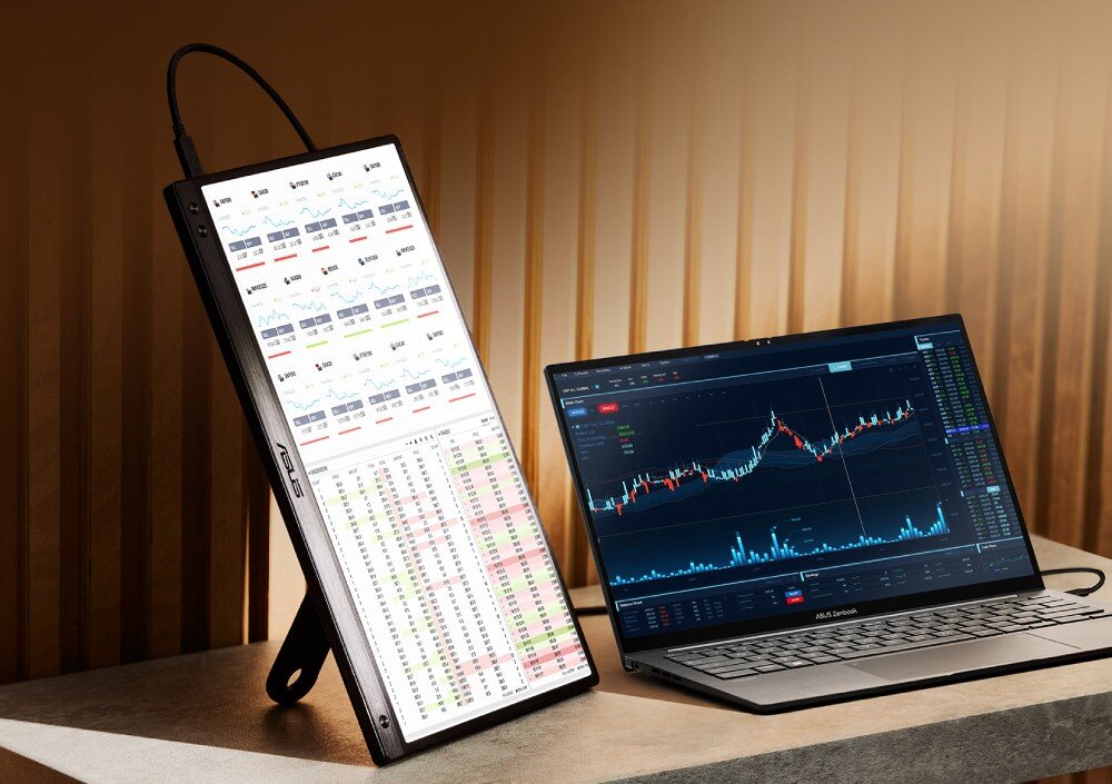 Monitor ASUS ZenScreen MB166CR Laptop wyświetlający wykres giełdowy obok pionowo ustawionego ekranu z tabelami i danymi liczbowymi, podłączenie, port USB-C, kompatybilność