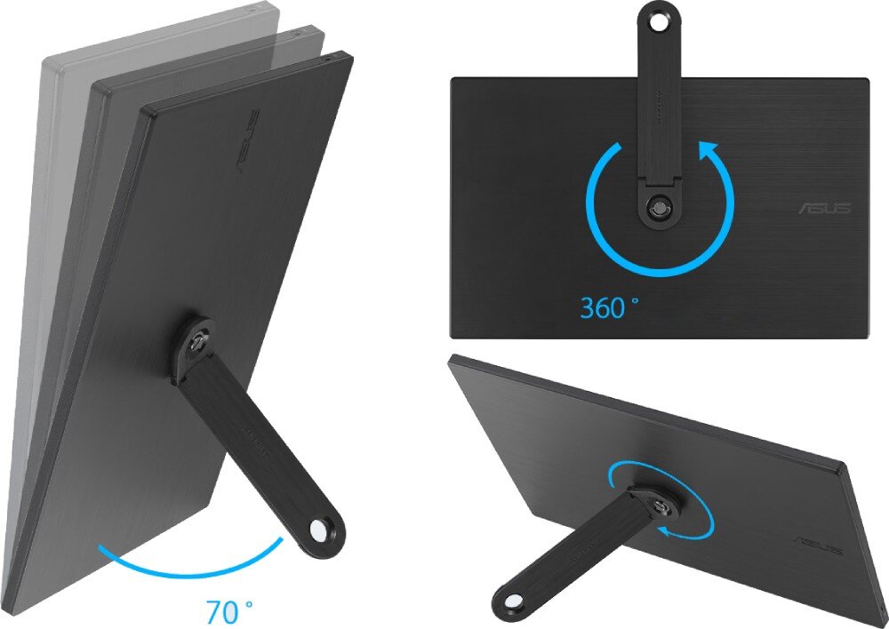 Monitor ASUS ZenScreen MB166CR Czarny ekran z odchylaną podstawką pokazany w różnych ustawieniach z oznaczeniem kąta 70 stopni i możliwością obrotu o 360 stopni, podstawka, ergonomia, orientacja, gniazdo statywu