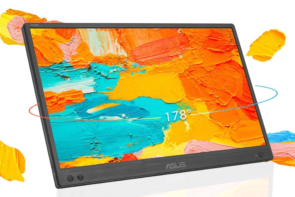 Monitor ASUS ZenScreen MB166CR Ekran prezentujący kolorowy obraz w odcieniach pomarańczowego, niebieskiego i żółtego z oznaczeniem kąta widzenia 178 stopni, matryca IPS, jakość obrazu, rozdzielczość, odświeżanie