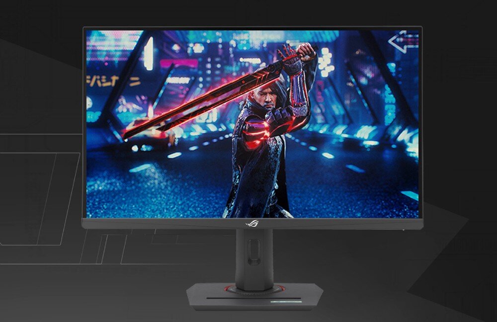 Monitor ASUS ROG Strix XG259QNS Obraz monitora na tle futurystycznej sceny z gry. Na ekranie postać trzymająca miecz w dynamicznej pozie na tle neonowego miasta nocą, opis