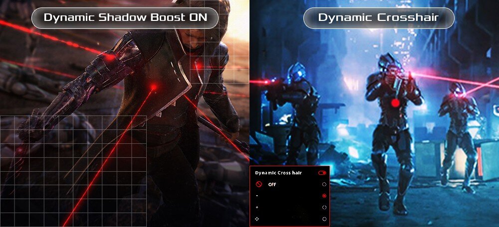 Monitor ASUS ROG Strix XG259QNS Po lewej stronie ekran z włączonym trybem Dynamic Shadow Boost pokazuje postać w jasnych szczegółach. Po prawej aktywna funkcja Dynamic Crosshair z celownikiem na tle postaci w ciemnym otoczeniu, funkcje dla graczy, technologie