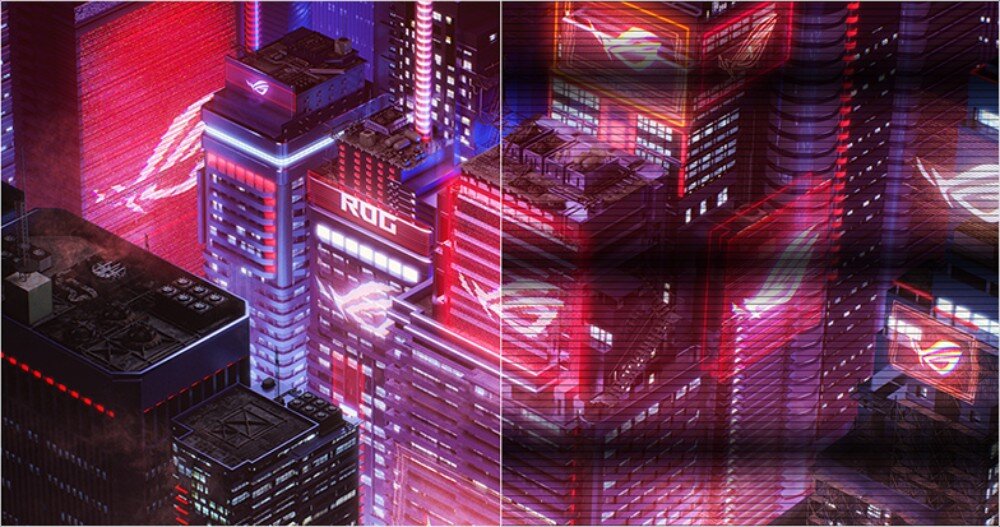 Monitor ASUS ROG Strix XG259QNS Porównanie dwóch fragmentów tej samej sceny miejskiej z neonowymi budynkami. Po lewej stronie obraz wyraźny, po prawej stronie ten sam obraz z widocznym efektem rozrywania poziomych linii, niebieskie światło, migotanie, ochrona wzroku