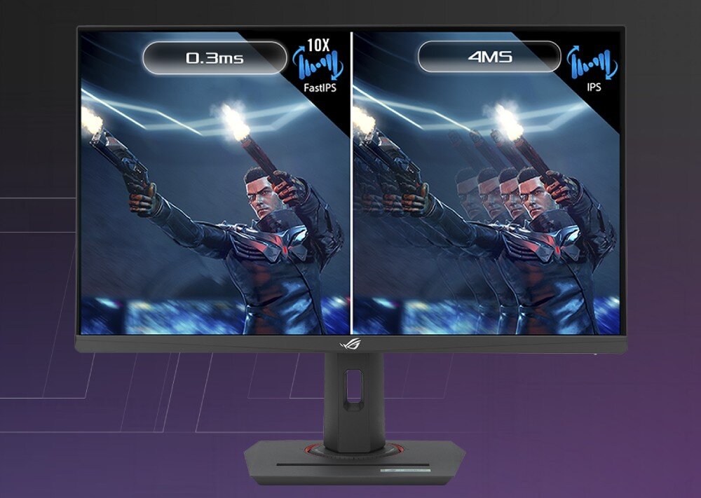 Monitor ASUS ROG Strix XG259QNS Porównanie dwóch ekranów: po lewej stronie postać w ruchu wyświetlana płynnie z oznaczeniem '0.3 ms', po prawej ta sama scena z widocznym rozmyciem i oznaczeniem '4 ms', czas reakcji, szybkość, rozmycie