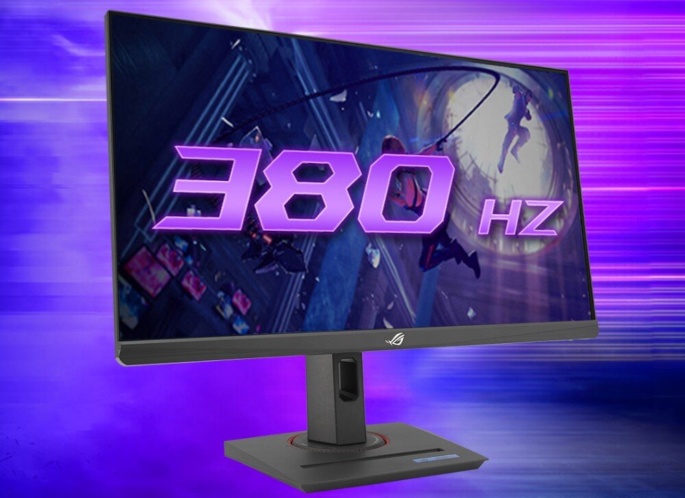 Monitor ASUS ROG Strix XG259QNS Monitor z widocznym napisem '380 Hz' na ekranie, wyświetlającym dynamiczną scenę z gry, w której postać skacze wśród zniszczeń, odświeżanie, płynność