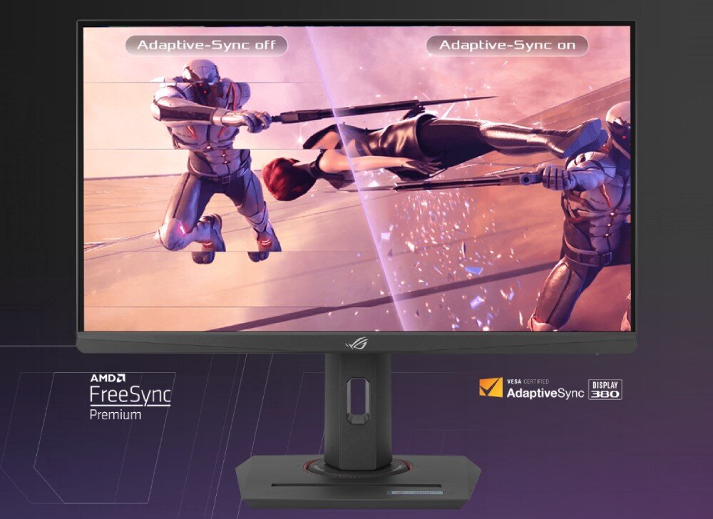 Monitor ASUS ROG Strix XG259QNS Monitor prezentujący porównanie z włączoną i wyłączoną technologią Adaptive-Sync. Po lewej stronie widoczne przerywania obrazu, po prawej scena płynna, synchronizacja, FreeSync Premium, Adaptive-Sync