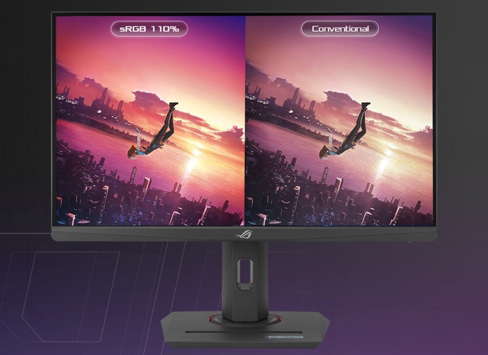 Monitor ASUS ROG Strix XG259QNS Porównanie dwóch trybów kolorów. Po lewej ekran z szerszą gamą barw oznaczoną jako 'sRGB 110%', po prawej obraz mniej nasycony z podpisem 'Conventional', matryca IPS, kolory, kalibracja