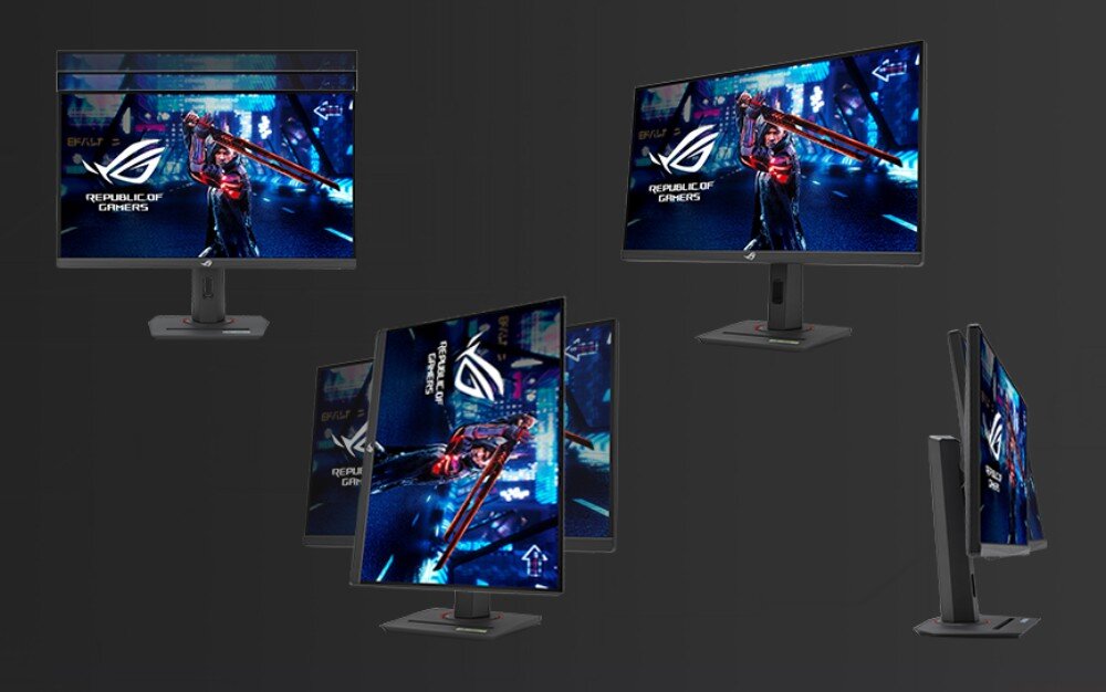 Monitor ASUS ROG Strix XG259QNS Kilka widoków monitora z różnych kątów – z przodu, z boku, z góry oraz w trybie pionowym. Na ekranach postać z gry z mieczem w neonowym otoczeniu, ergonomia, regulacja ekranu, wysokość, obrót, mocowanie VESA