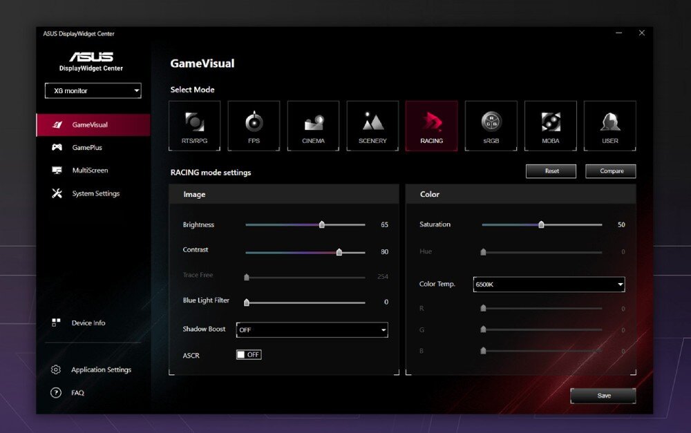Monitor ASUS ROG Strix XG259QNS Zrzut ekranu z oprogramowania ASUS DisplayWidget Center. Widoczny panel sterowania z zakładką GameVisual i suwakami do regulacji obrazu oraz kolorów, kontrola, ustawienia, obsługa