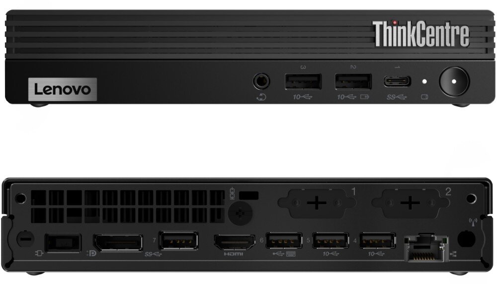 Komputer LENOVO ThinkCentre M70q Gen 5 Zestawienie dwóch zdjęć prezentujących przód i tył wąskiej obudowy komputera z licznymi portami komunikacyjnymi, gniazdami wideo, złączem zasilania i antenowym, porty, złącza