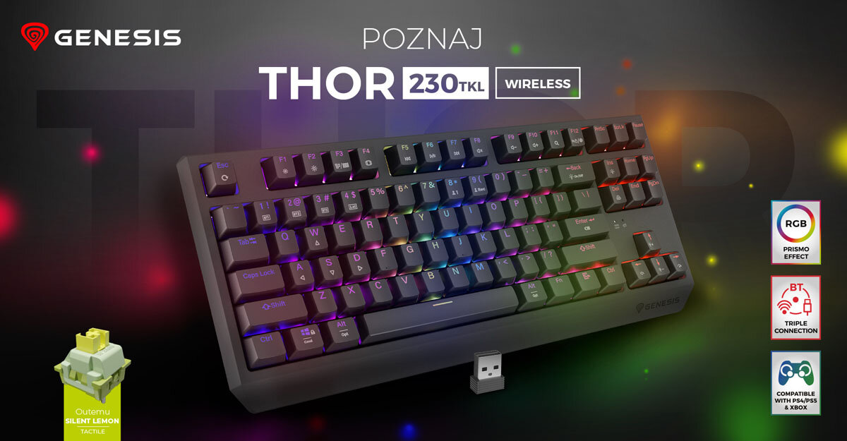 GENESIS Thor 230 TKL Wireless - Klawiatura z kolorowym podświetleniem i możliwościami łączności bezprzewodowej.