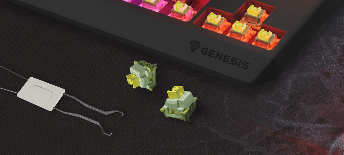 GENESIS Thor 230 TKL Wireless pianka wygłuszająca Dodatkowe wyciszenie spacji - Klawiatura z kolorowymi przełącznikami oraz dwoma wyciągniętymi przełącznikami obok narzędzia.