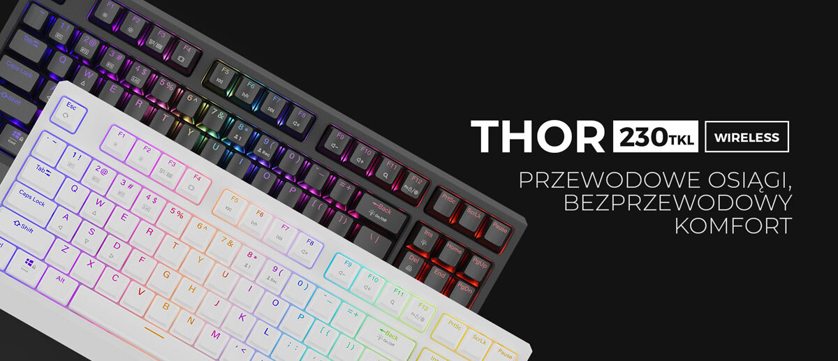 GENESIS Thor 230 TKL Wireless konsolami Playstation i Xbox grach obsługujących klawiaturę - Dwie klawiatury z kolorowymi podświetlonymi klawiszami, czarna i biała, ustawione diagonalnie.