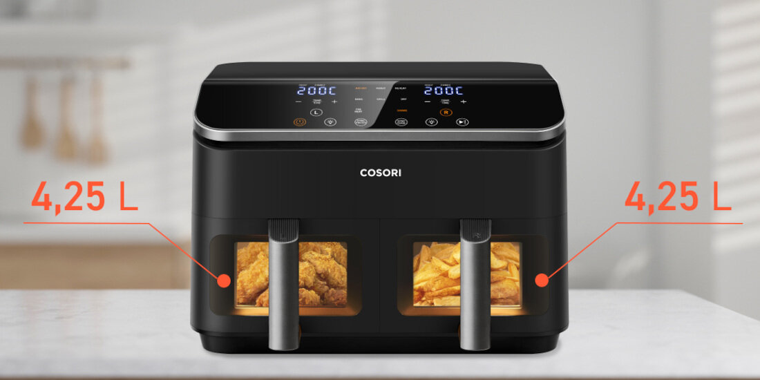 Frytkownica beztłuszczowa COSORI Dual Basket CAF-R901-AEU Air Fryer z podwójnym koszem Dwa kosze pojemność szklane okienka oświetlenie