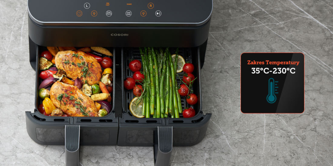 Frytkownica beztłuszczowa COSORI Dual Basket CAF-R901-AEU Air Fryer możliwości temperatura zakres ustawienia różnorodne dania przygotowywanie